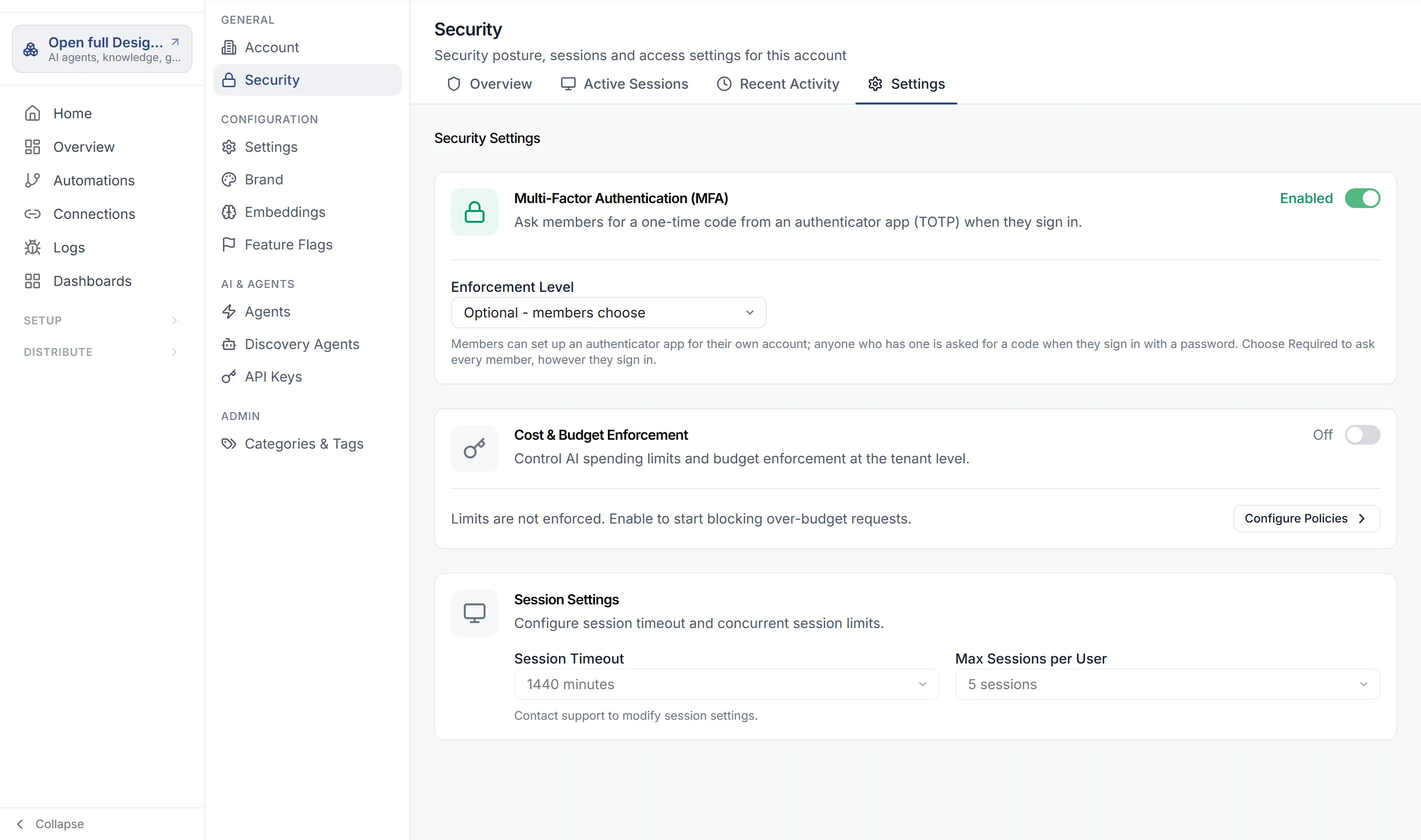 Account › Security on the Settings tab: Multi-Factor Authentication enabled with Optional - members choose, Cost & Budget Enforcement off, and Session Settings of 1440 minutes and 5 sessions.