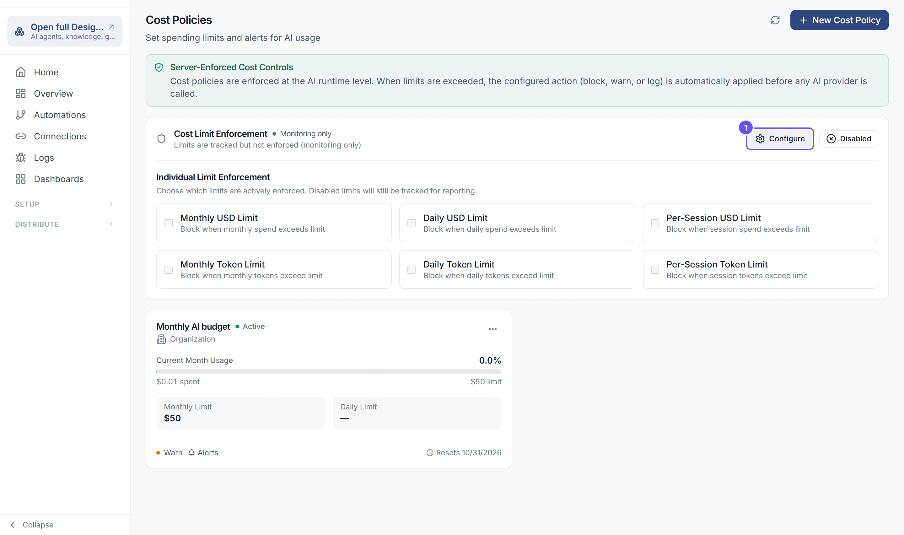 Cost Policies with enforcement off and the Configure panel open, above the Monthly AI budget policy with its monthly and daily limits.