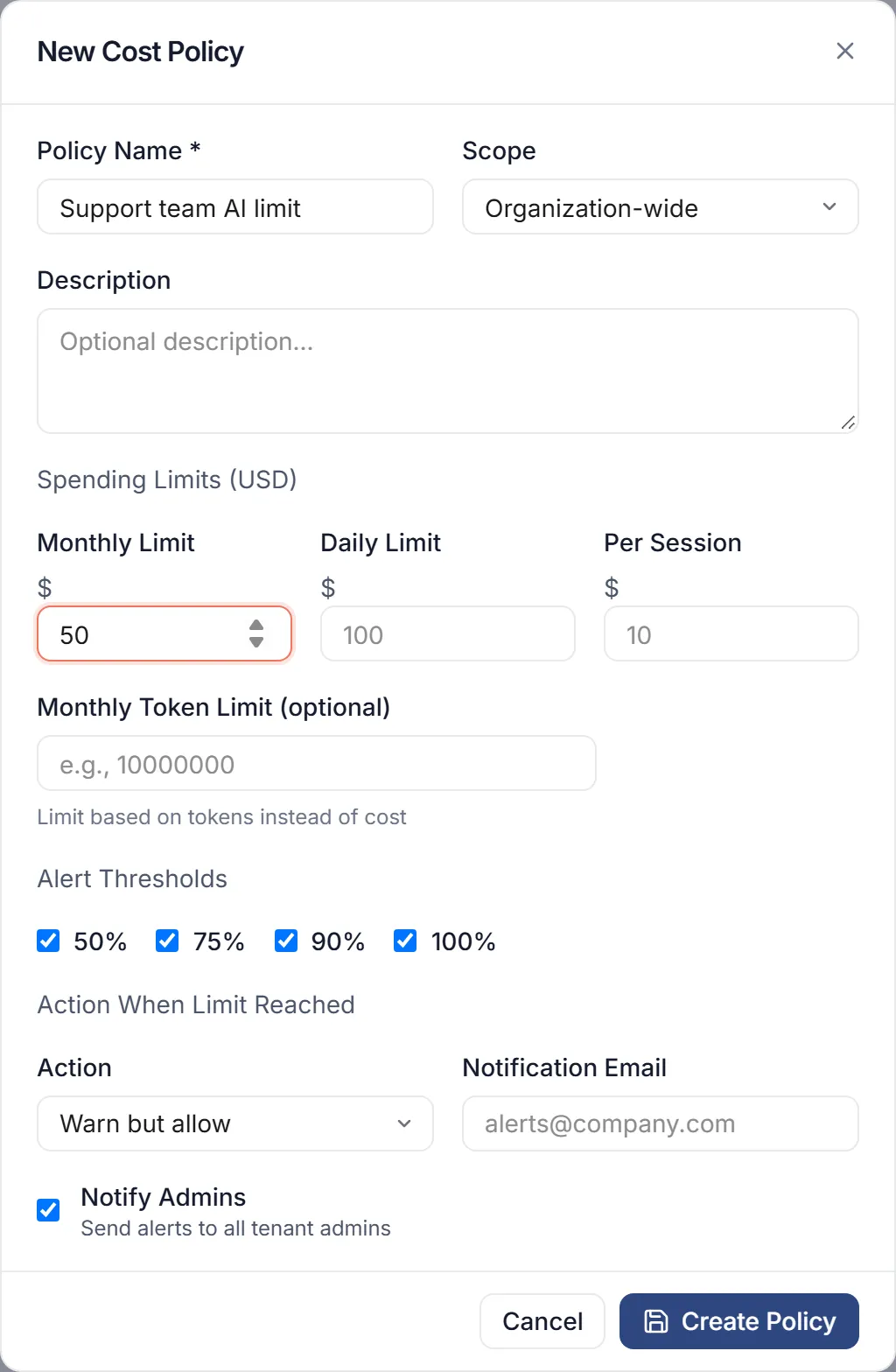 The New Cost Policy dialog with Support team AI limit as the name, a monthly limit of 50 dollars, the alert thresholds and Action When Limit Reached.
