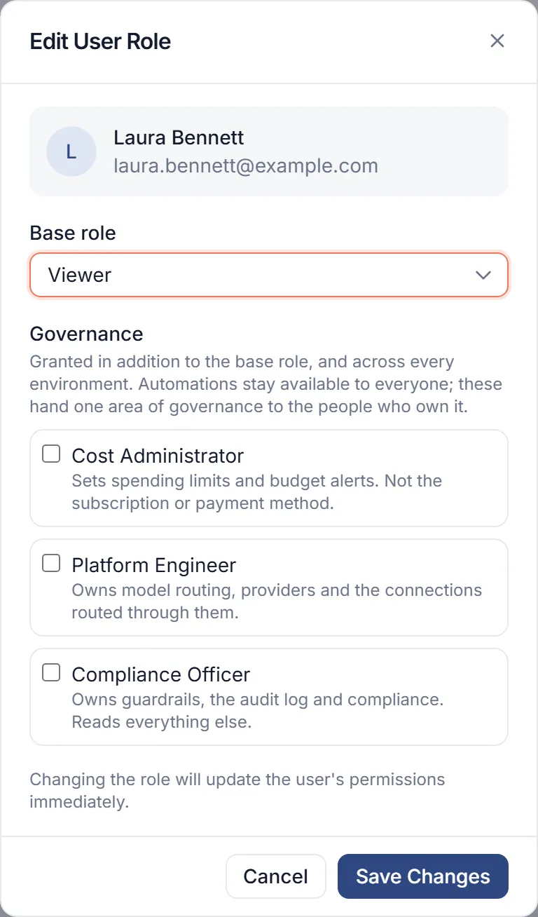 The Edit User Role dialog for Laura Bennett: Base role Viewer, and the Governance roles Cost Administrator, Platform Engineer and Compliance Officer to add.