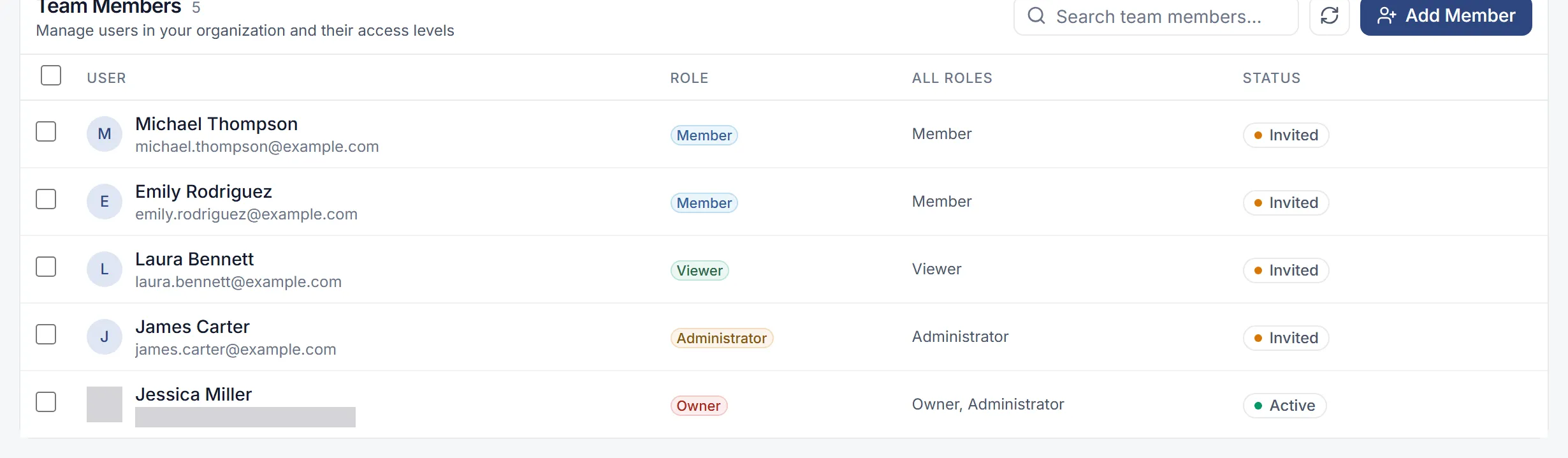 The Team Members tab listing Brightline’s five members, Michael Thompson, Emily Rodriguez, Laura Bennett, James Carter and Jessica Miller, with each one’s role: Member, Viewer, Administrator or Owner.