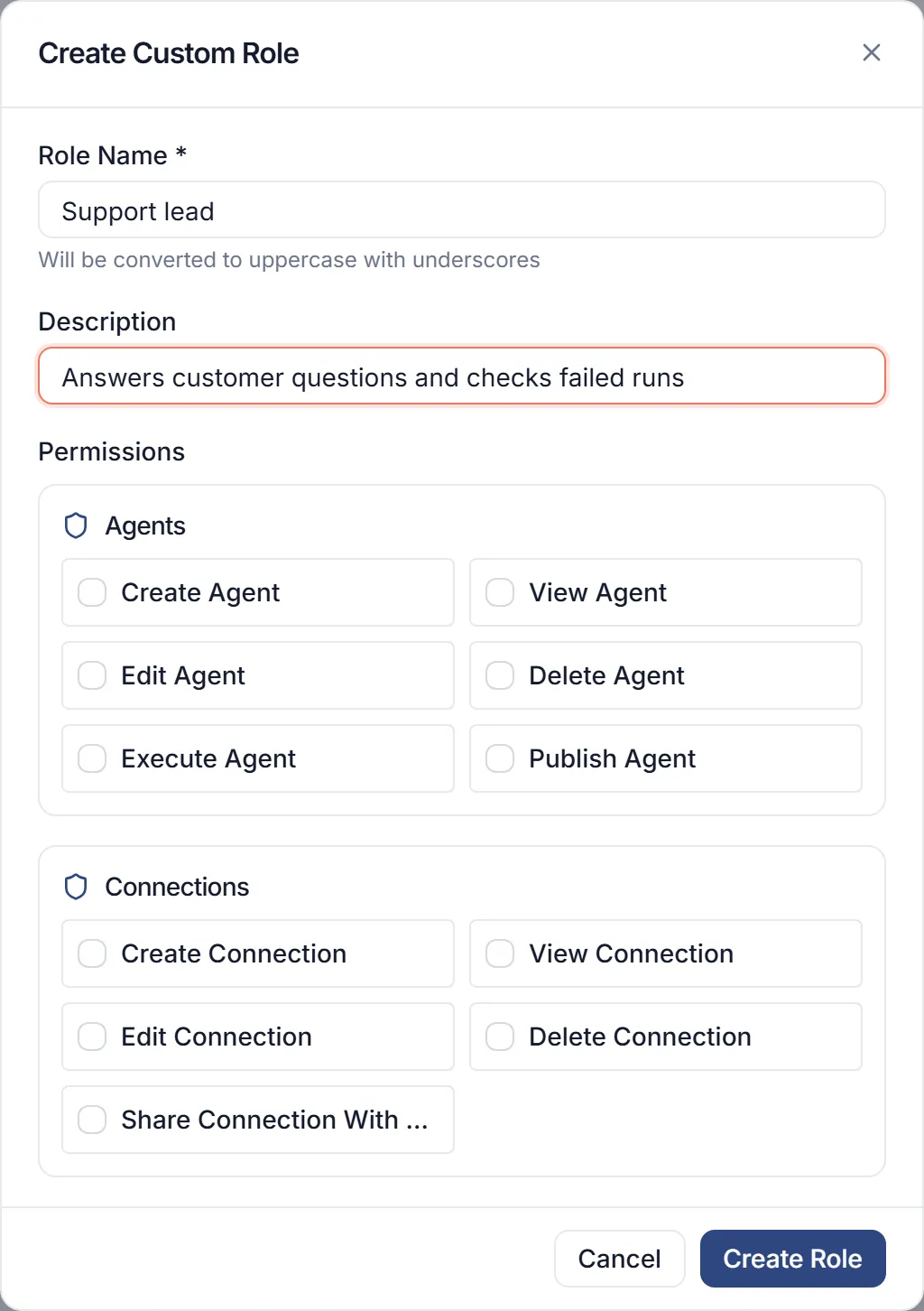 The Create Custom Role dialog with Support lead as the name, a one-line description, and the Agents and Connections permissions to choose from.