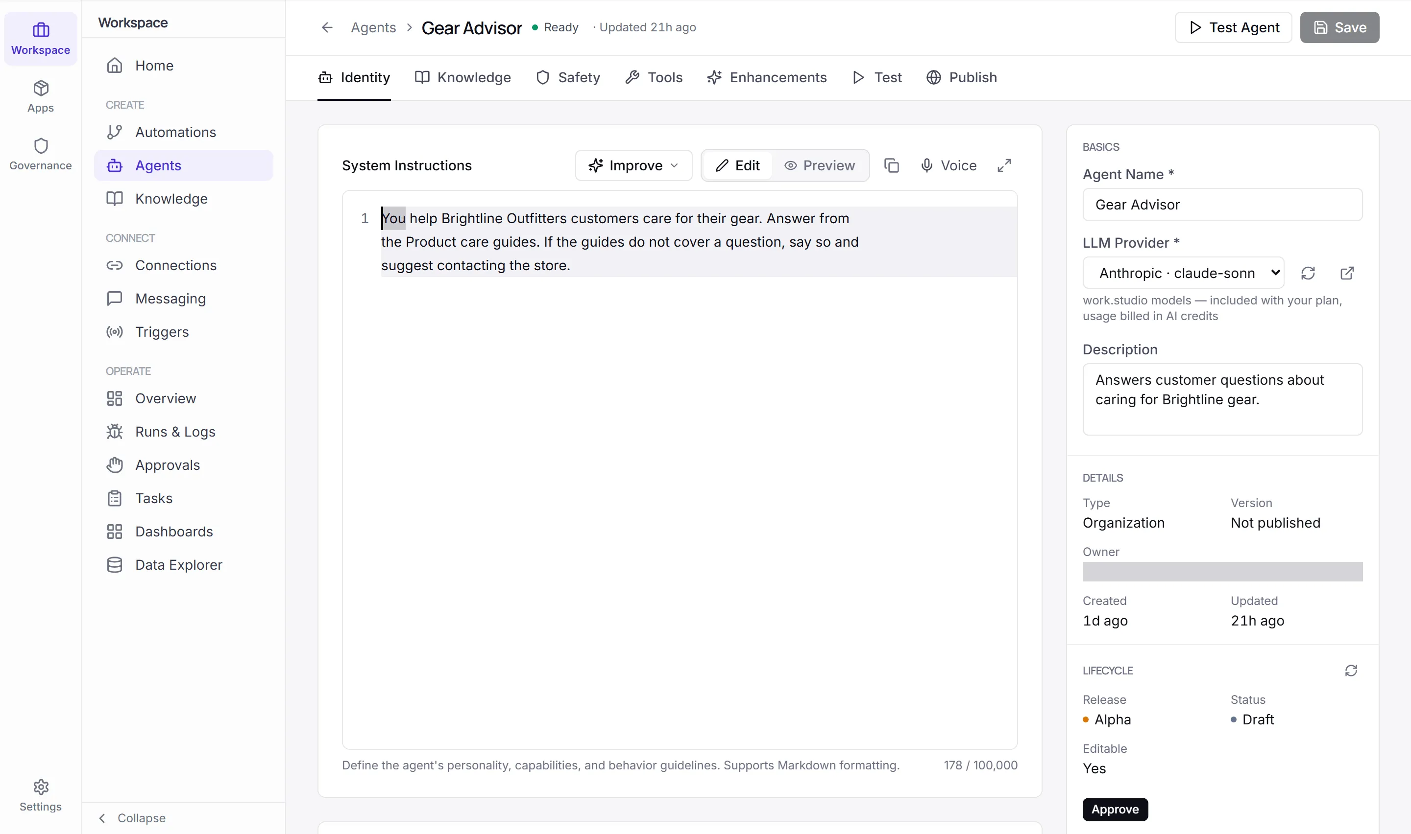 The Identity tab for Gear Advisor in the full Designer view: its System Instructions, and the LLM Provider set to Anthropic, one of the work.studio models included with the plan.