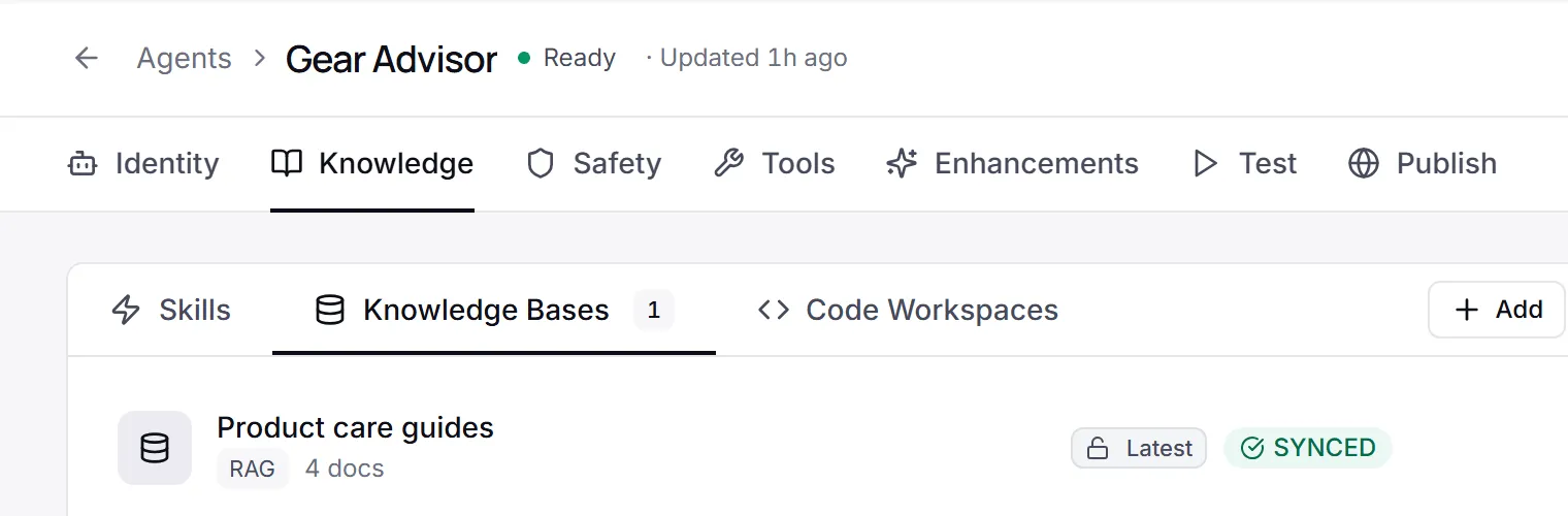 Gear Advisor’s Knowledge tab with the Product care guides knowledge base attached for retrieval.