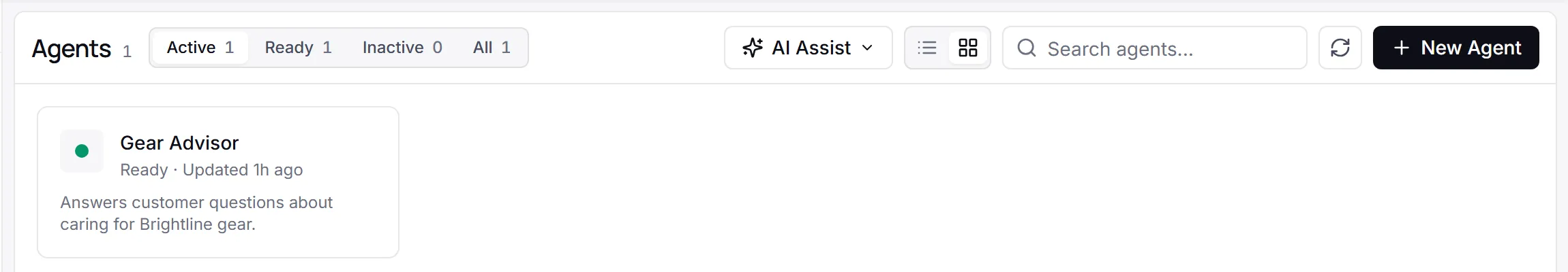 The Agents list in the full Designer view, with the Gear Advisor card: Ready, and its description, answers customer questions about caring for Brightline gear.