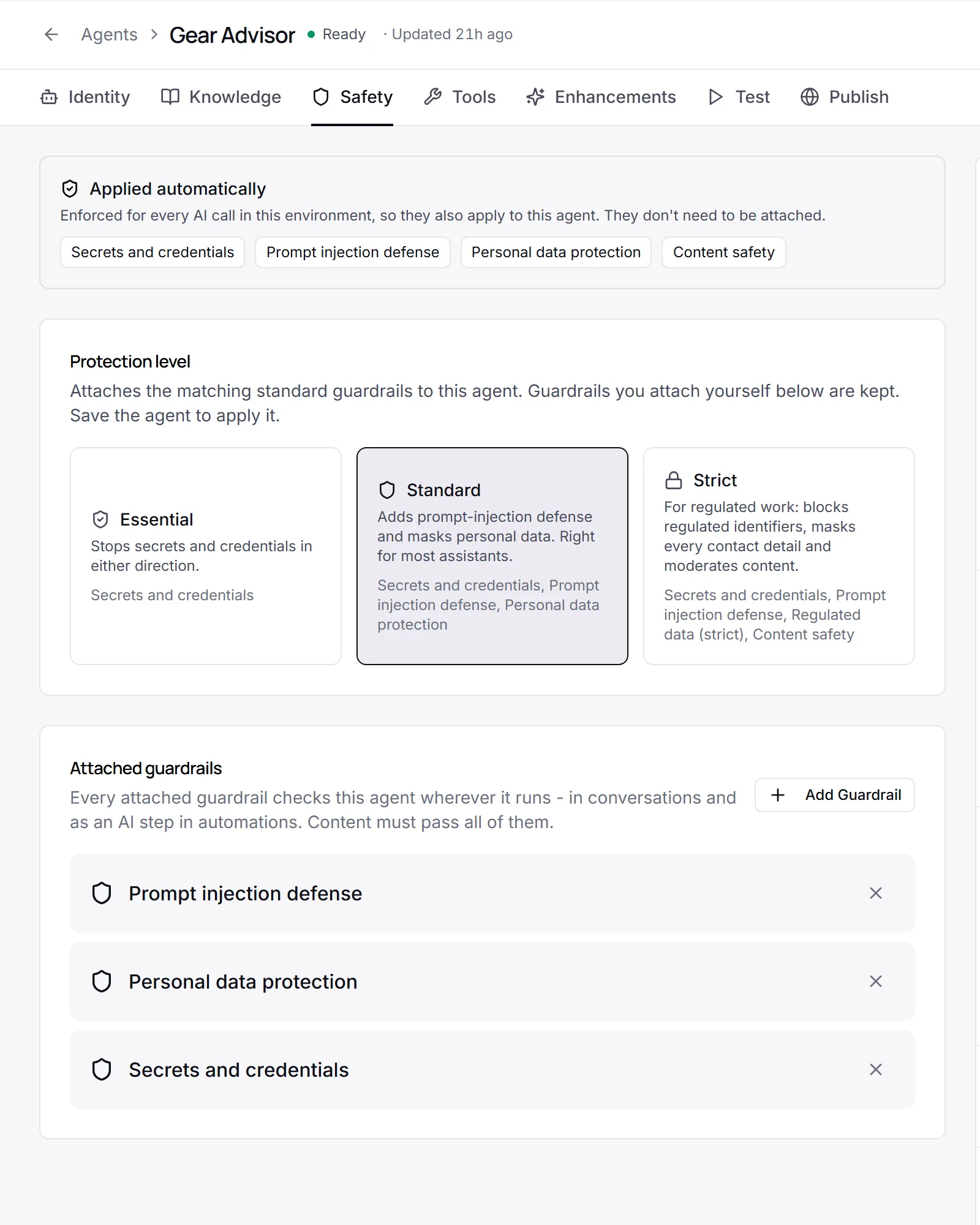 Gear Advisor’s Safety tab with the Standard protection level selected and the guardrails attached to the agent listed below it.
