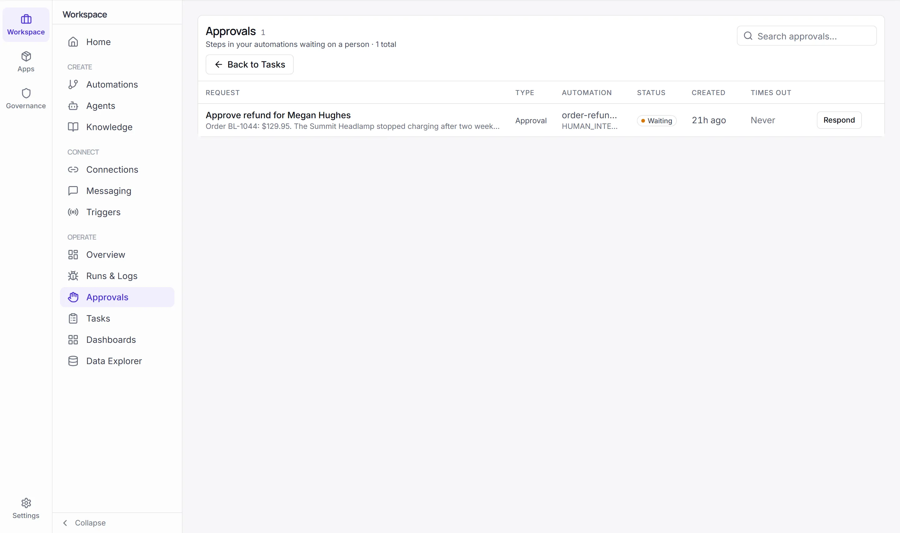 The Approvals page in the full Designer view: Approve refund for Megan Hughes, from order-refund-approval, Waiting, with Respond.