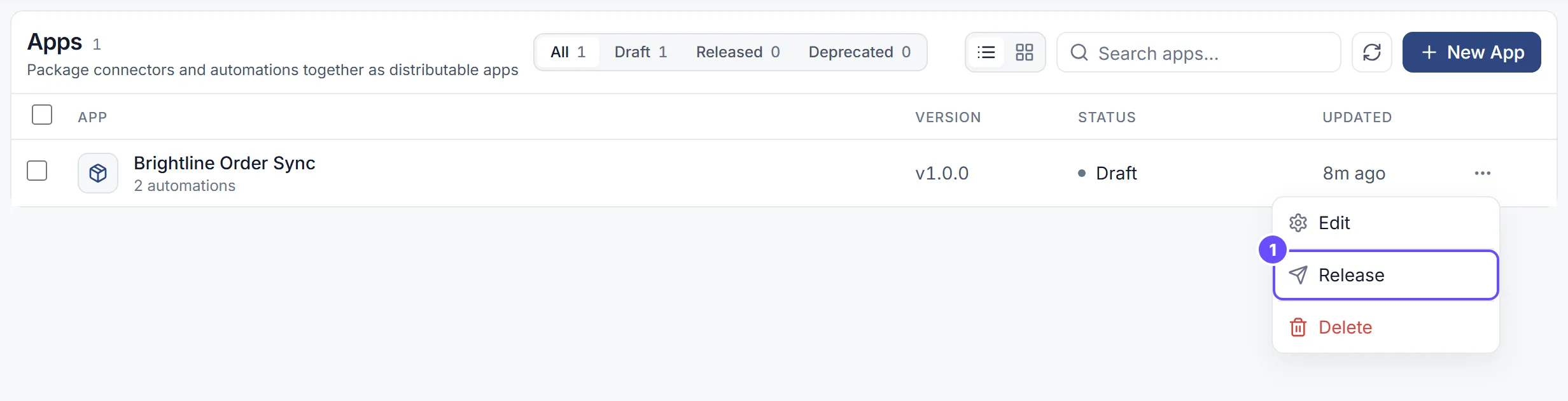 The Apps list with Brightline Order Sync, a draft app with 2 automations at v1.0.0. Its row menu is open with Edit, Release and Delete; Release is marked.