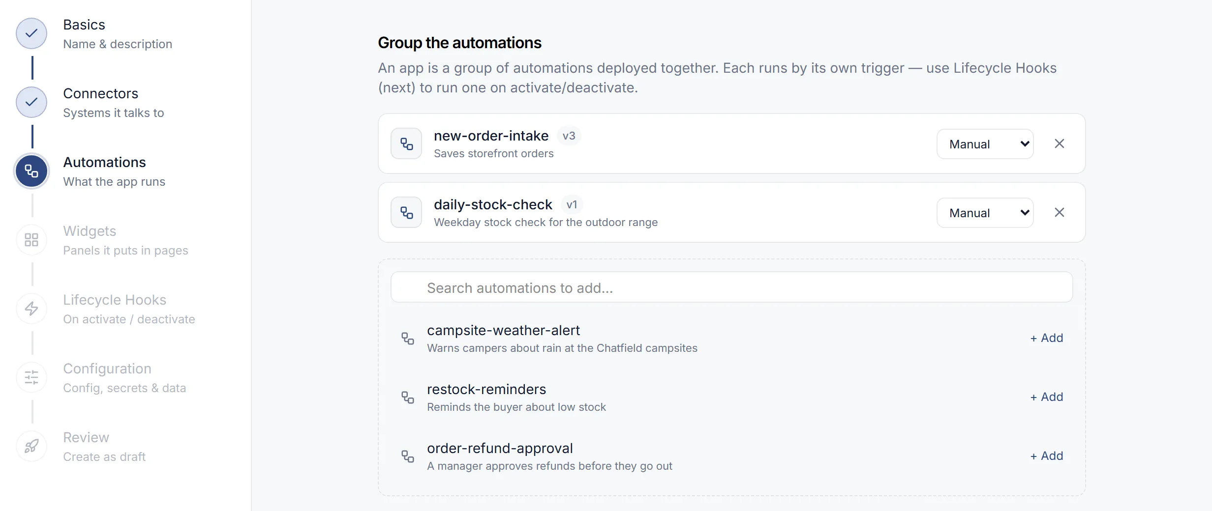 The New App wizard on its Automations step, Group the automations: new-order-intake and daily-stock-check are added to Brightline Order Sync, and the other automations can still be added.