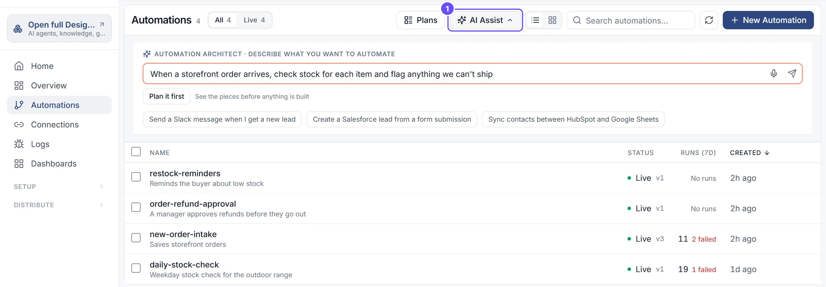 The Automations page with AI Assist open. A request is typed in the Automation Architect box above the list of Brightline’s automations, with each one’s status and runs in the last seven days.