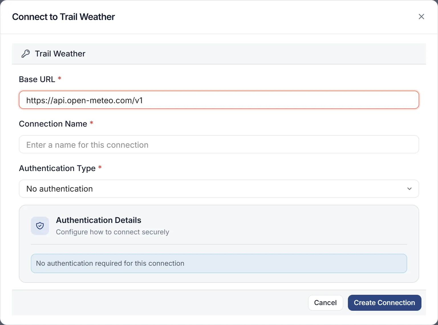 The Connect to Trail Weather form: the Base URL filled in from the connector, Connection Name, and Authentication Type No authentication.