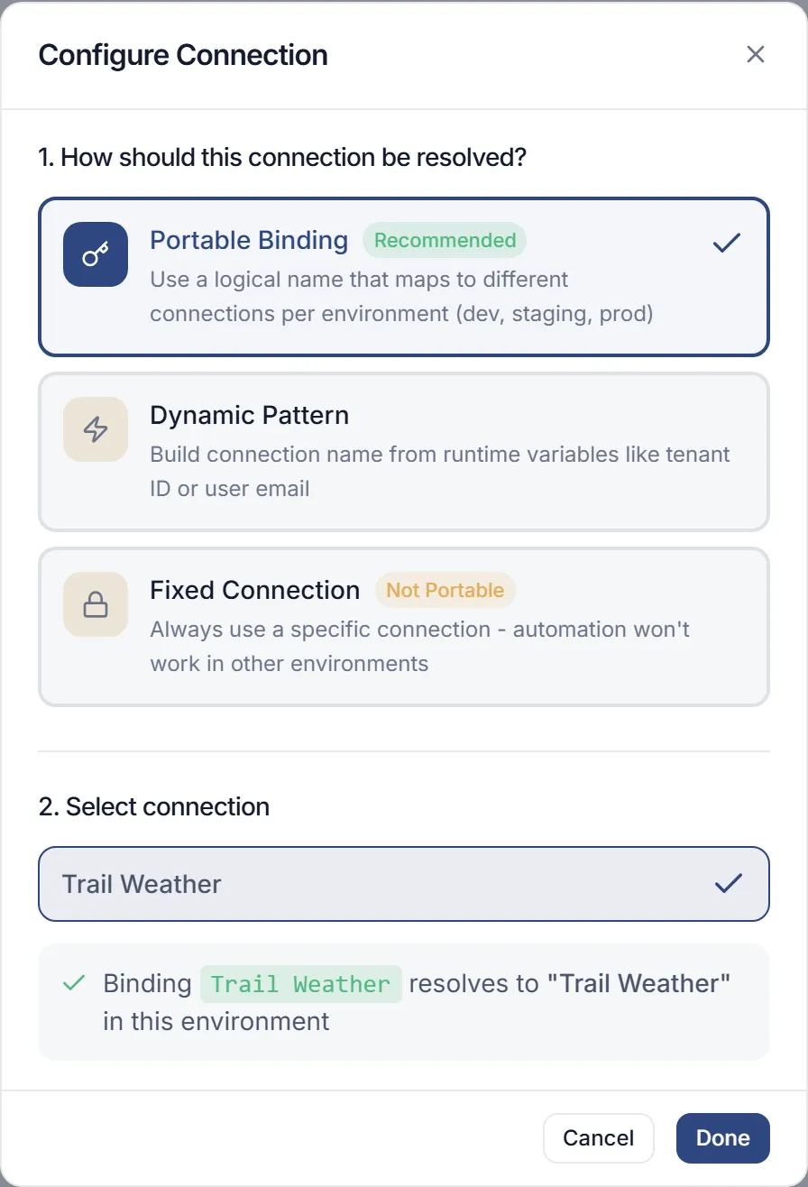 The Configure Connection window for a Trail Weather step: Portable Binding chosen and recommended, Dynamic Pattern and Fixed Connection as the other ways, and the binding resolving to Trail Weather in this environment.