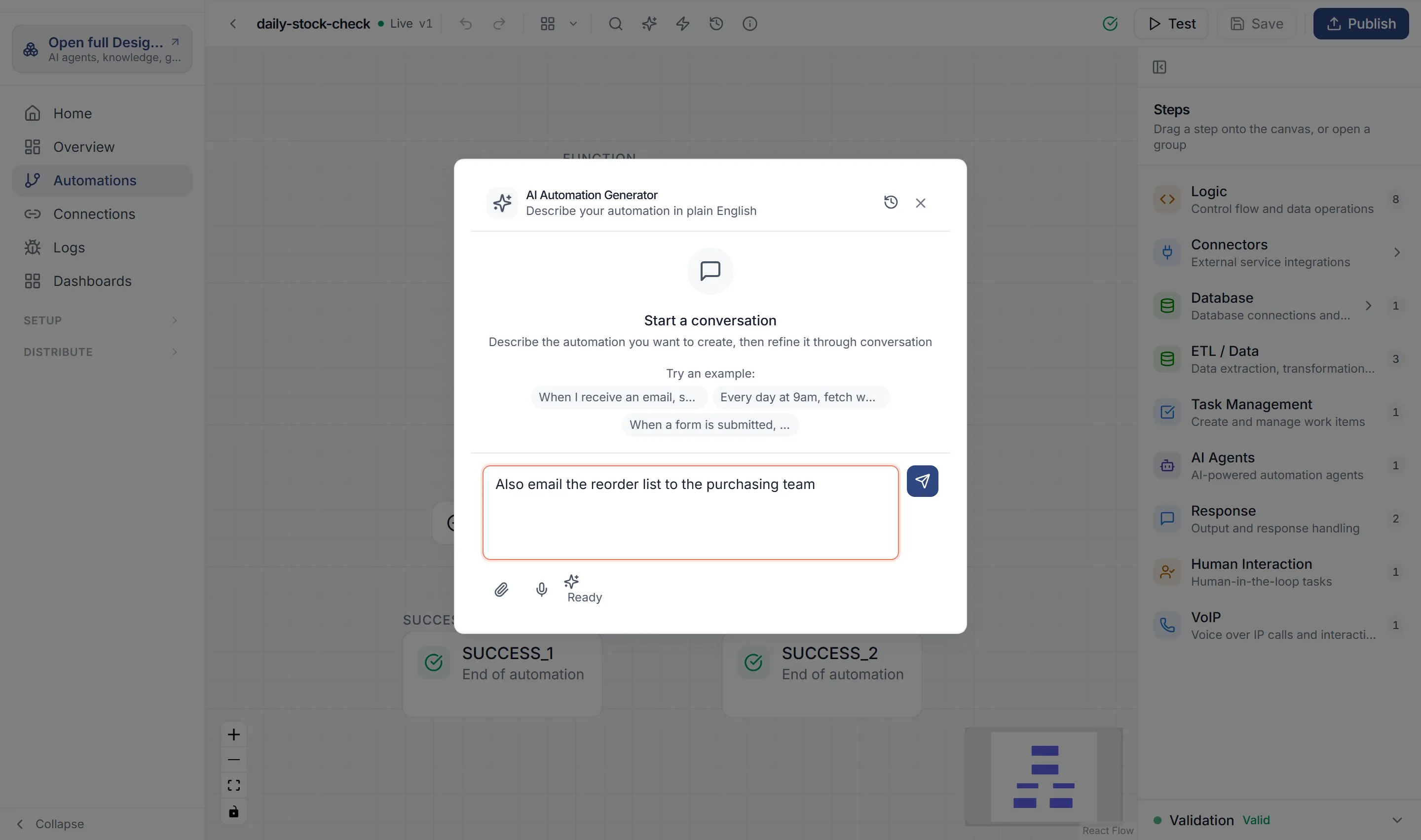 The AI Automation Generator panel open beside the daily-stock-check canvas, with a change typed in its box: also email the reorder list to the purchasing team.