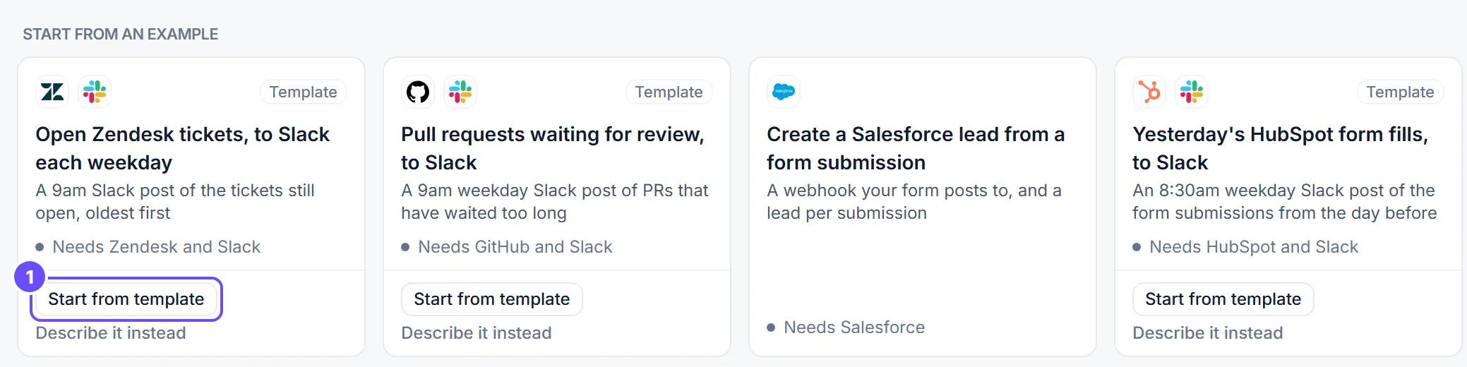 Start from an example on Flow Home: four cards, three marked Template, such as Open Zendesk tickets, to Slack each weekday, which needs Zendesk and Slack. Its Start from template button is marked; Describe it instead is under it.