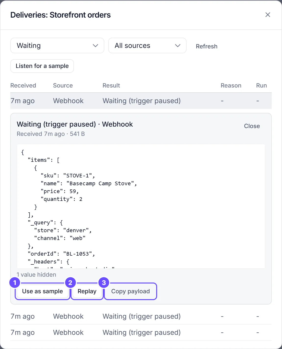 A waiting Storefront orders delivery opened in the Deliveries window: Waiting (trigger paused) · Webhook, received minutes ago, 541 B. The JSON preview shows the order’s items and its query parameters, 1 value hidden is under it, and Use as sample, Replay and Copy payload are marked 1 to 3.