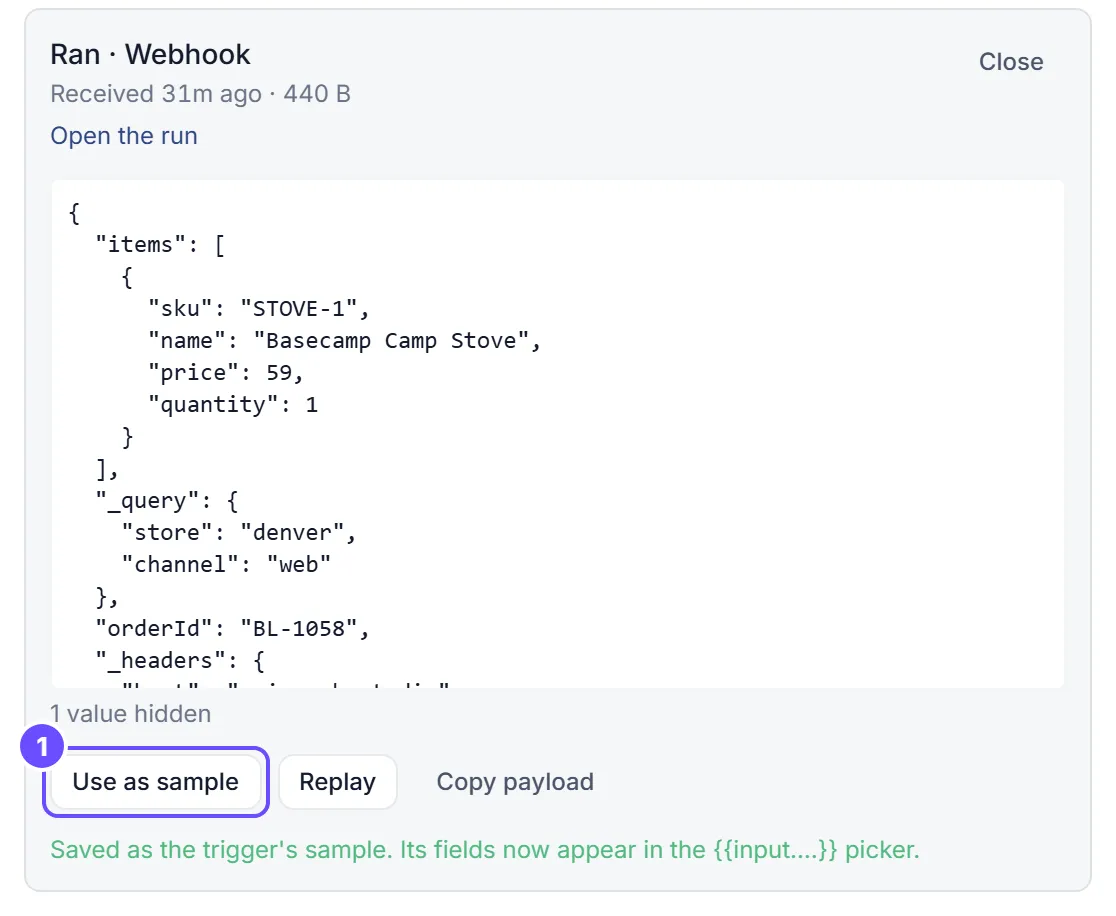 A storefront order delivery that ran, opened in Deliveries, after Use as sample: under the buttons, Saved as the trigger’s sample. Its fields now appear in the input picker.