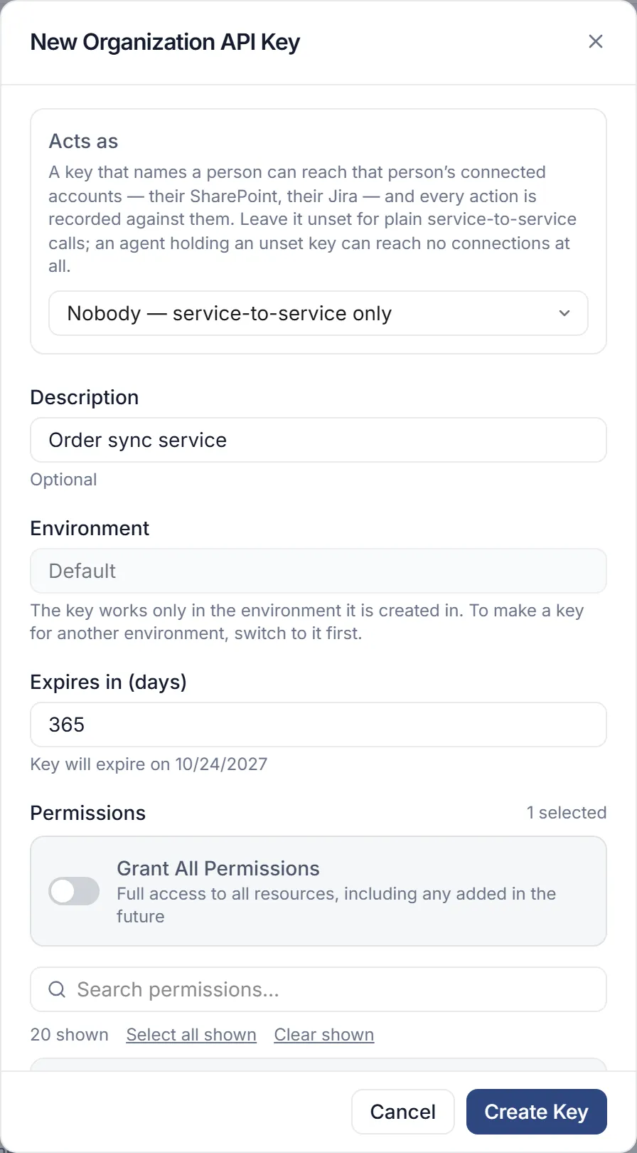 The New Organization API Key dialog: Acts as Nobody (service-to-service only), Description Order sync service, the Default environment, 365 days to expiry, and Grant All Permissions off with one permission selected.
