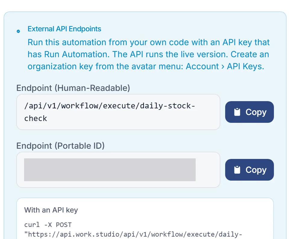 External API Endpoints in the Automation Information dialog: run the automation with an API key that has Run Automation, the human-readable endpoint for daily-stock-check, and the start of the curl sample.