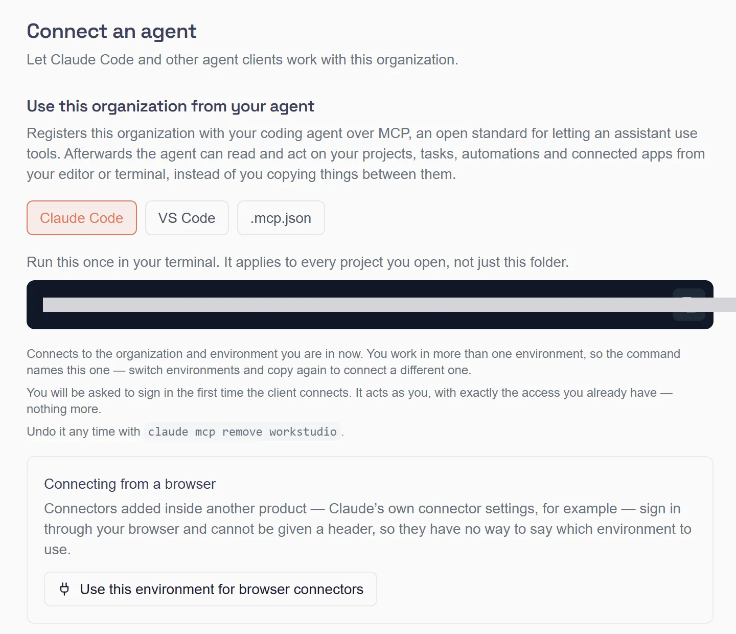 Settings › Connect an agent in my.studio: Use this organization from your agent, with Claude Code, VS Code and .mcp.json, the command to run, and Connecting from a browser.