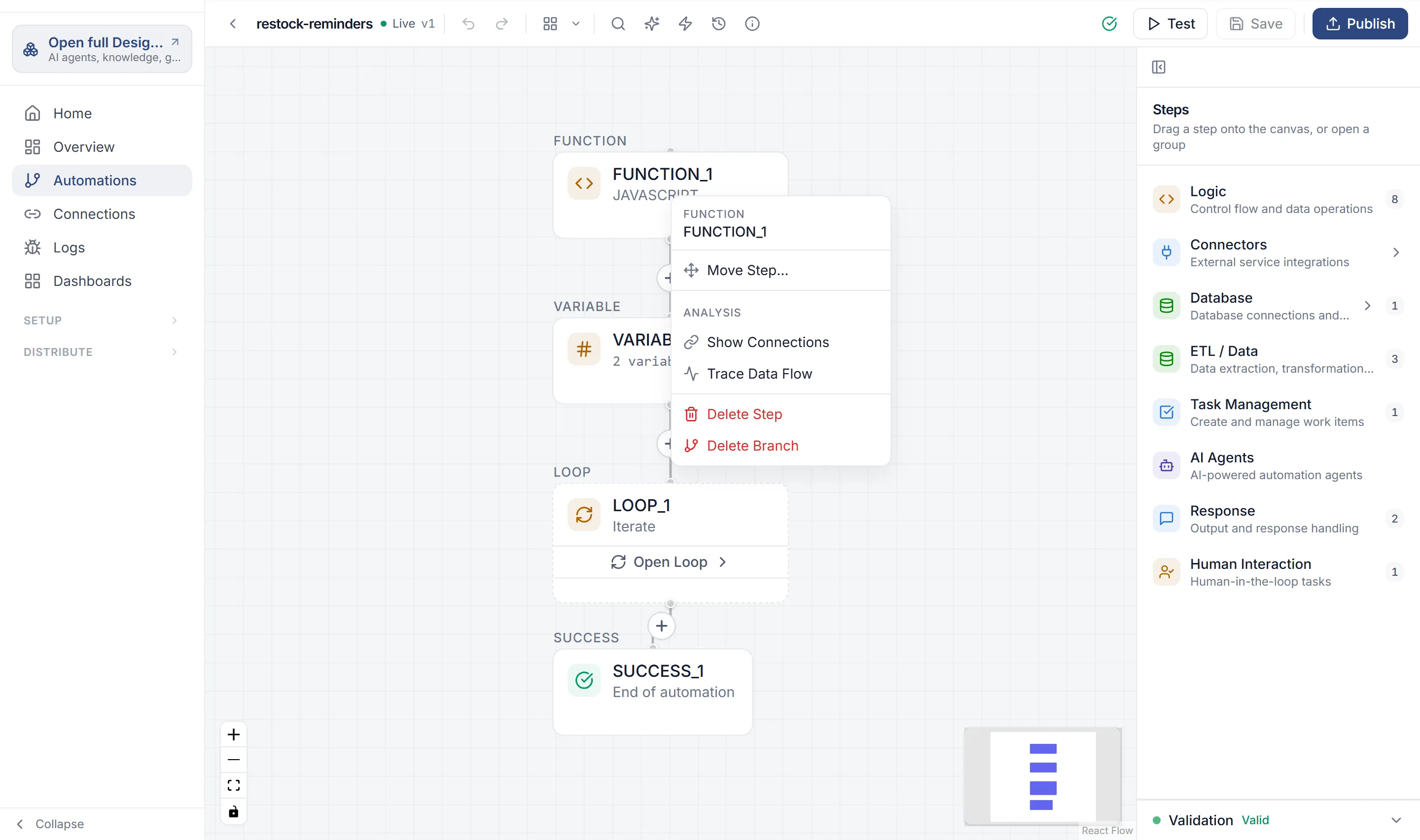 The menu that opens when you right-click a step: Move Step…, Analysis with Show Connections and Trace Data Flow, Delete Step and Delete Branch.