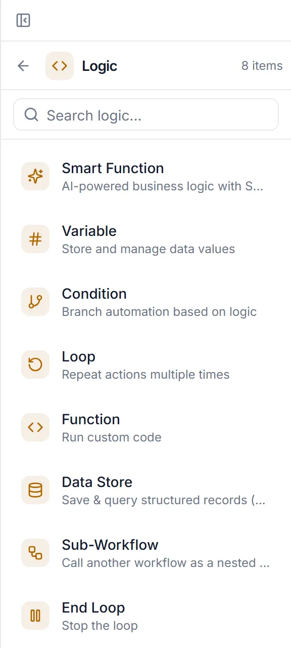 The Steps palette with the Logic group open: Function, Condition, Loop, Variable and the other logic steps, each with a one-line description, and a search box at the top.