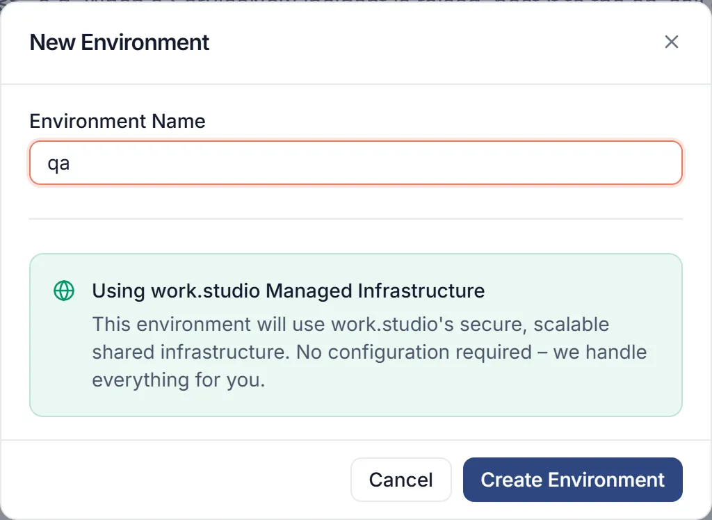 The New Environment dialog with qa typed in Environment Name, before it is created.