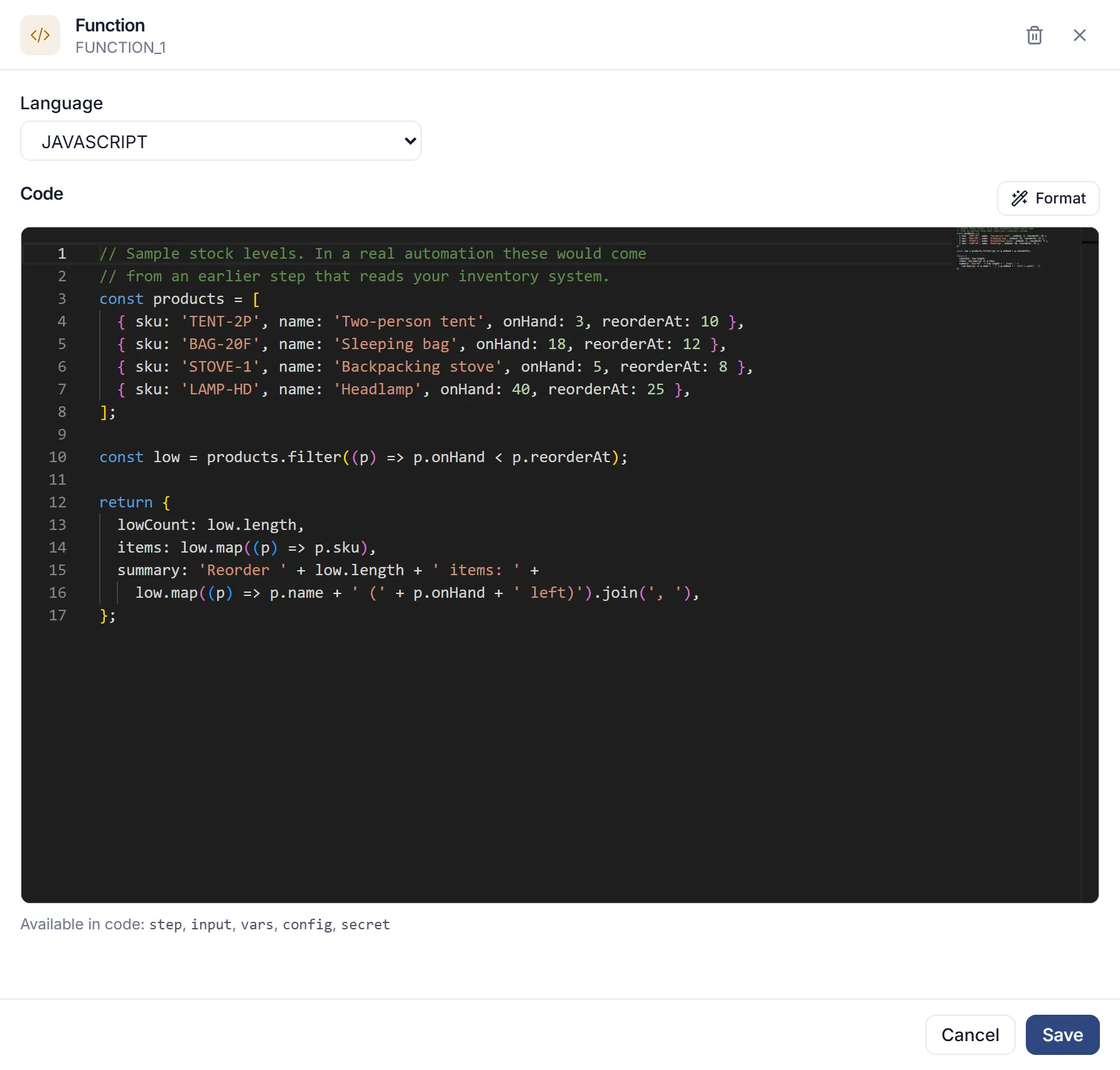 The Function panel for FUNCTION_1, with Language set to JAVASCRIPT and the stock-check code in the Code editor.