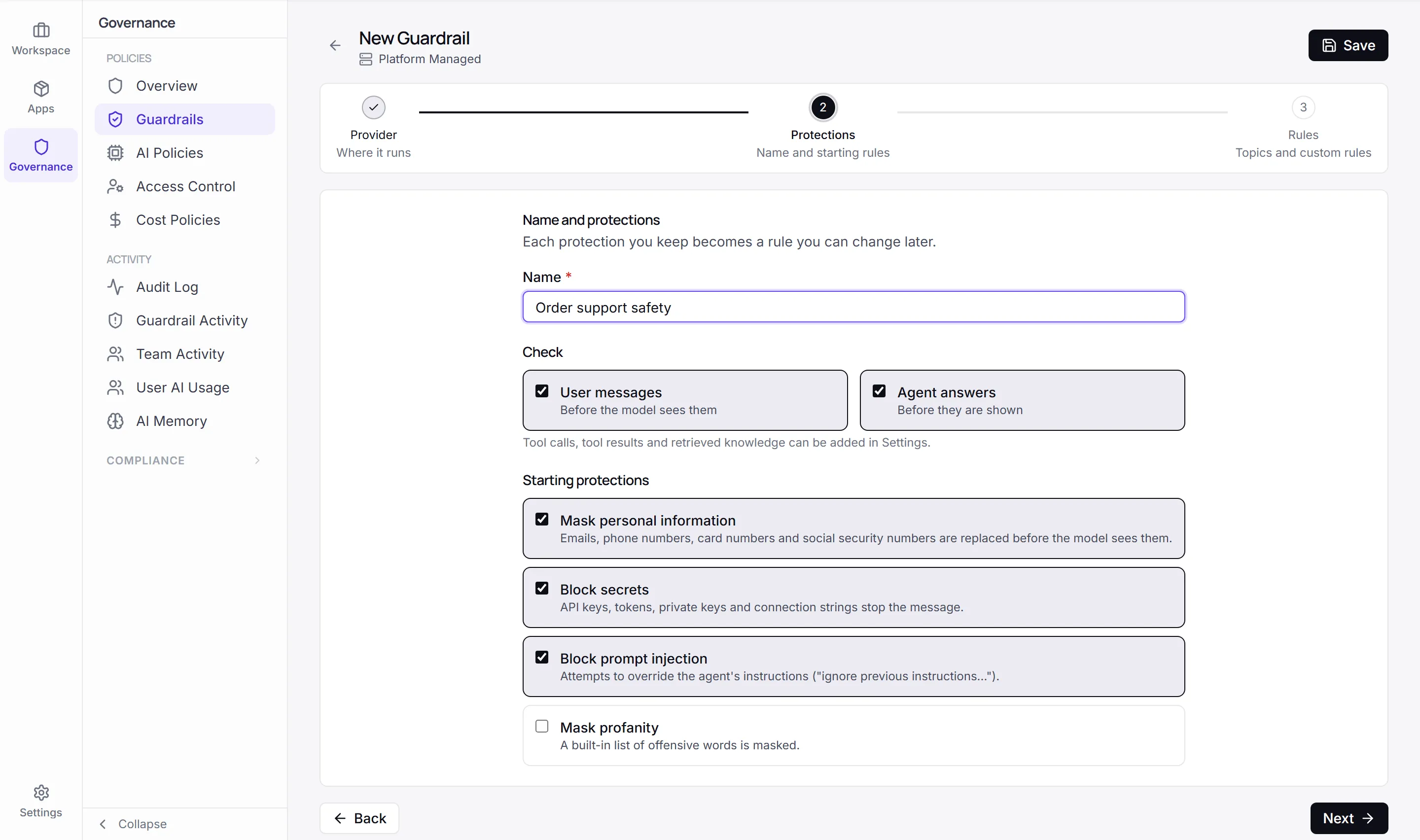 The new guardrail form, Name and protections, with Order support safety in Name, the user messages and agent answers it checks, and the starting protections.