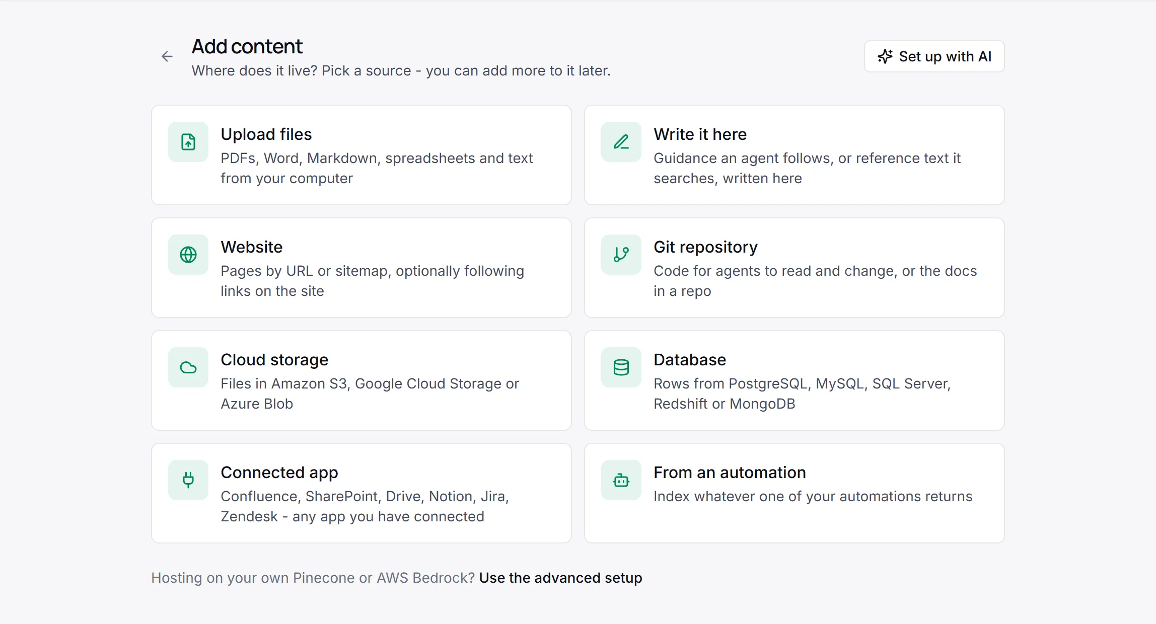 The Add content page, Where does it live?, with a tile for each source: Upload files, Write it here, Website, Git repository, Cloud storage, Database, Connected app and From an automation.