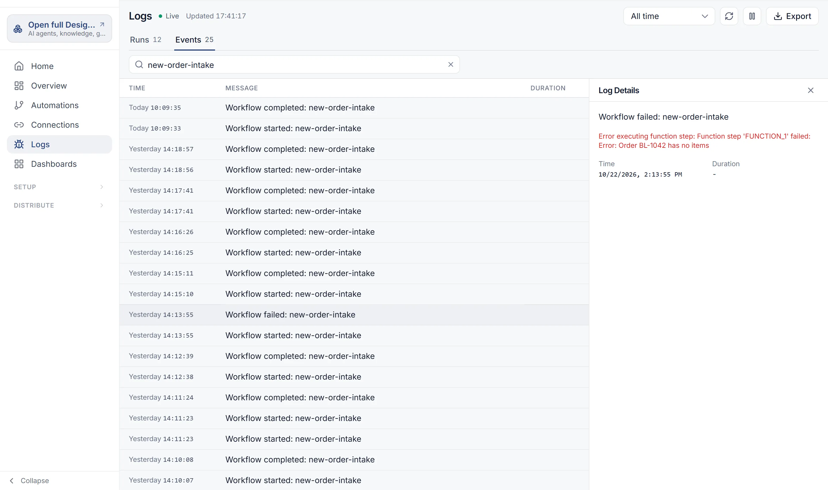Logs › Events searched for new-order-intake, with the Workflow failed event selected. Log Details shows the error: Order BL-1042 has no items.
