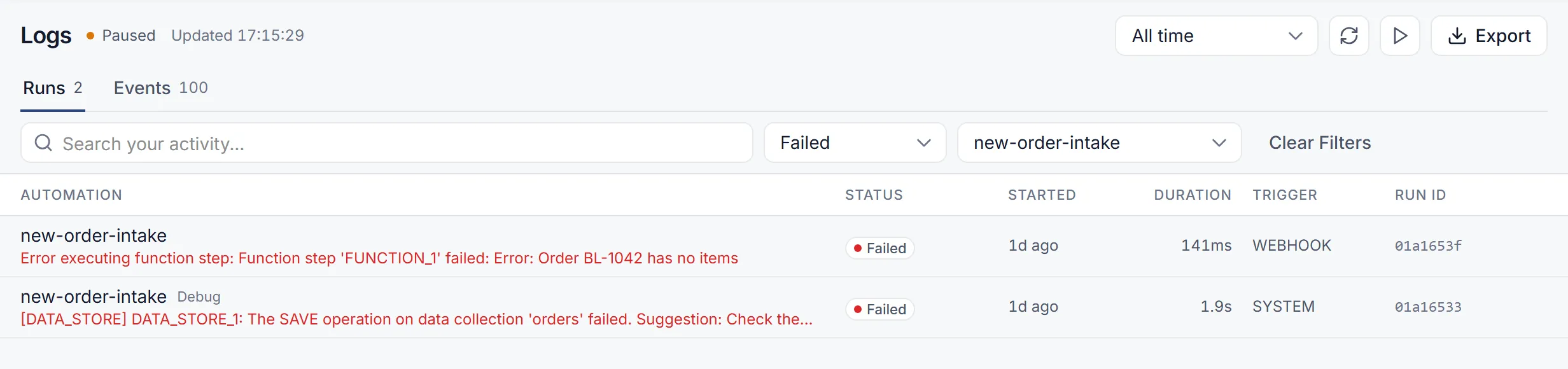 Logs › Runs filtered to failed runs of new-order-intake: the webhook run of the order with no items, and an earlier test run marked Debug, each with Failed, when it started, how long it took and what started it.