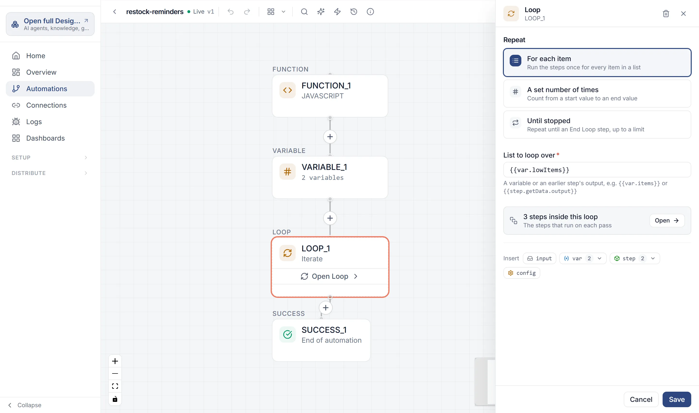 The Loop panel for LOOP_1, set to For each item, with the lowItems variable in List to loop over and 3 steps inside the loop.