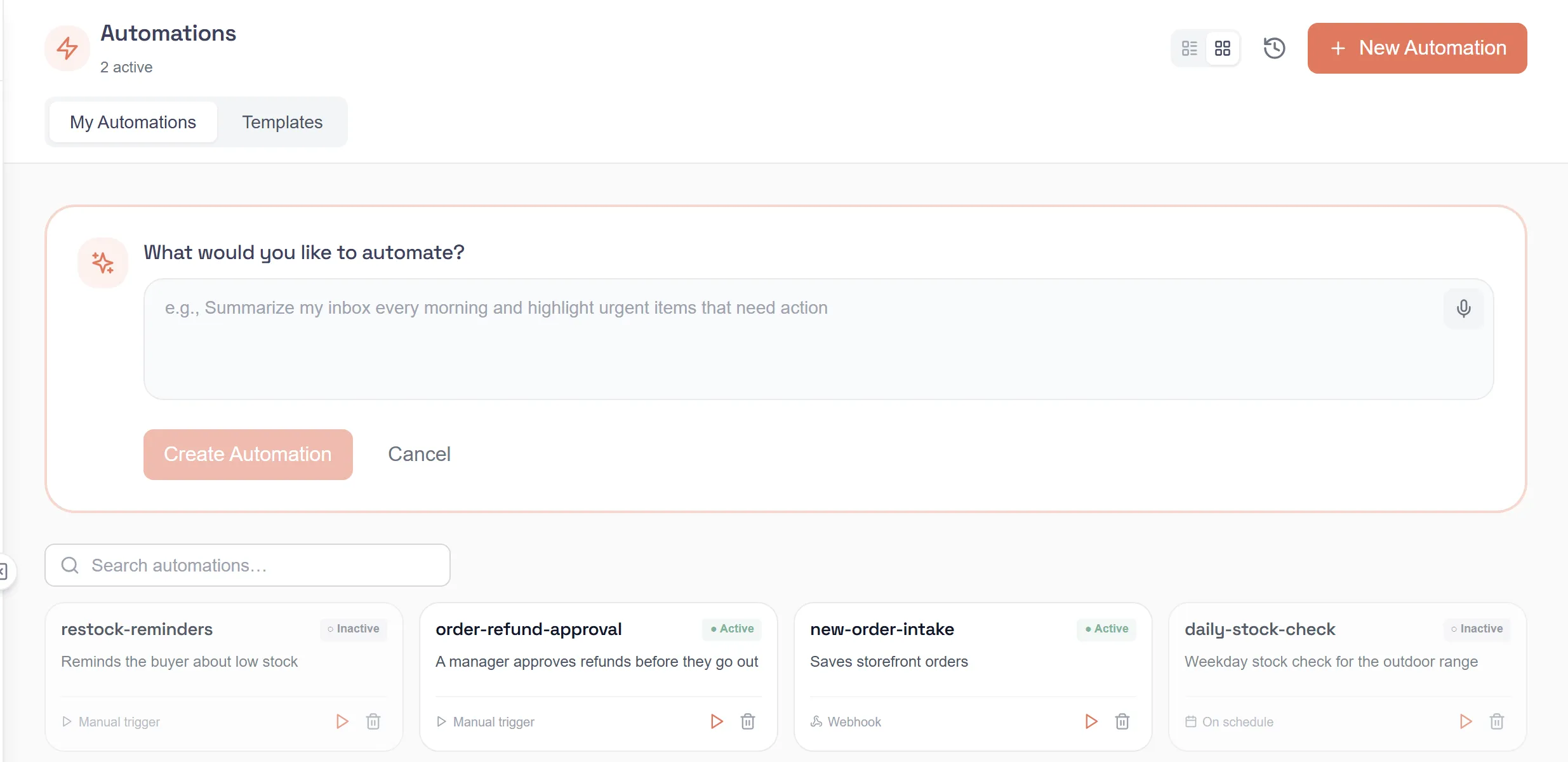 The my.studio Automations page with the New Automation panel open, asking What would you like to automate?, above the list of Brightline’s automations.