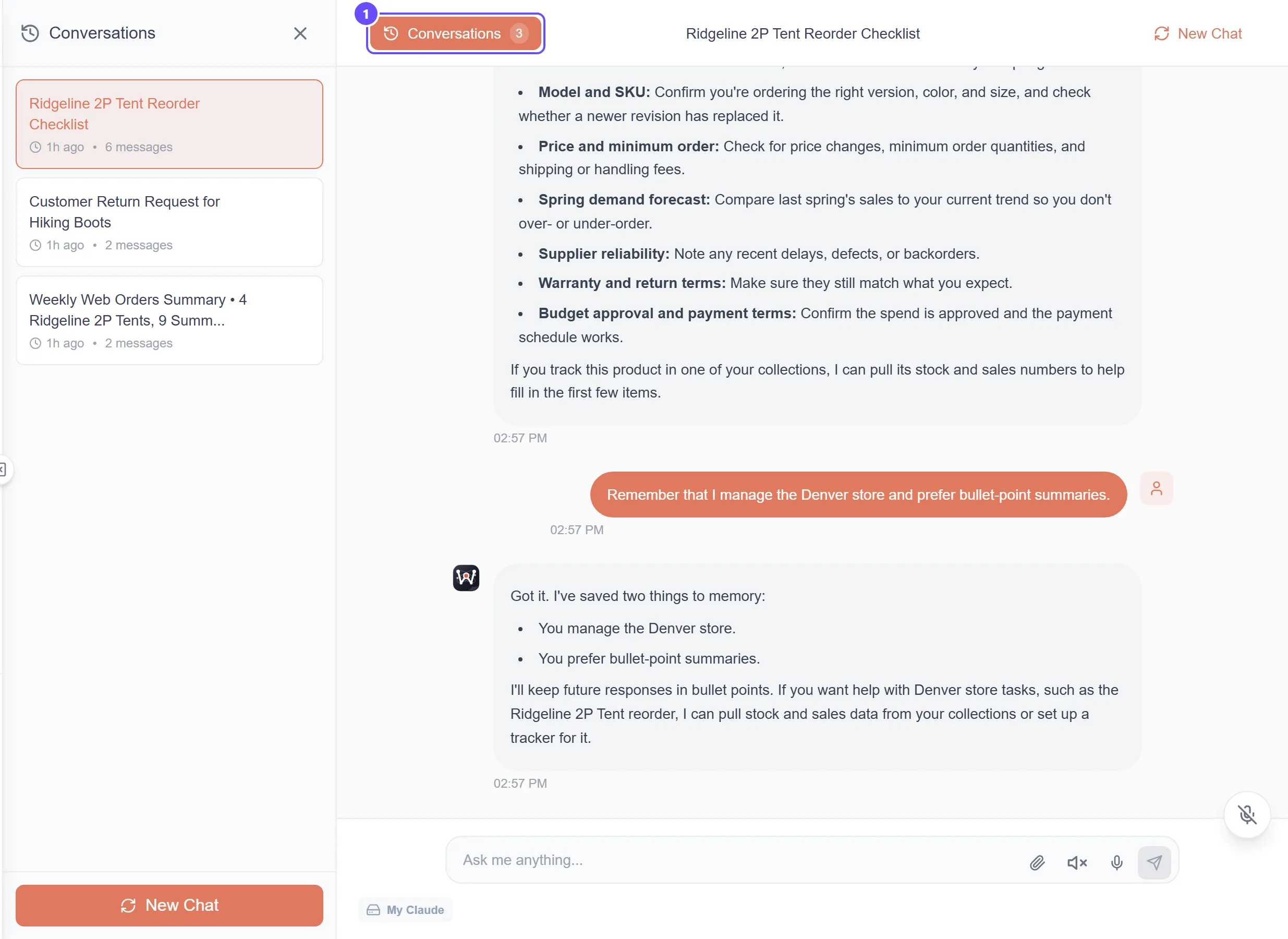 my.studio Chat with the Conversations panel open on the left, listing three earlier conversations, and the newest one, Ridgeline 2P Tent Reorder Checklist, open on the right.