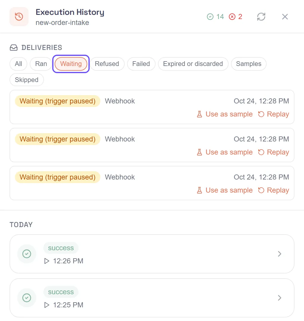 my.studio Execution History for new-order-intake, with Deliveries filtered to Waiting: three webhook deliveries from Oct 24 read Waiting (trigger paused), each with Use as sample and Replay. The runs follow under Today.