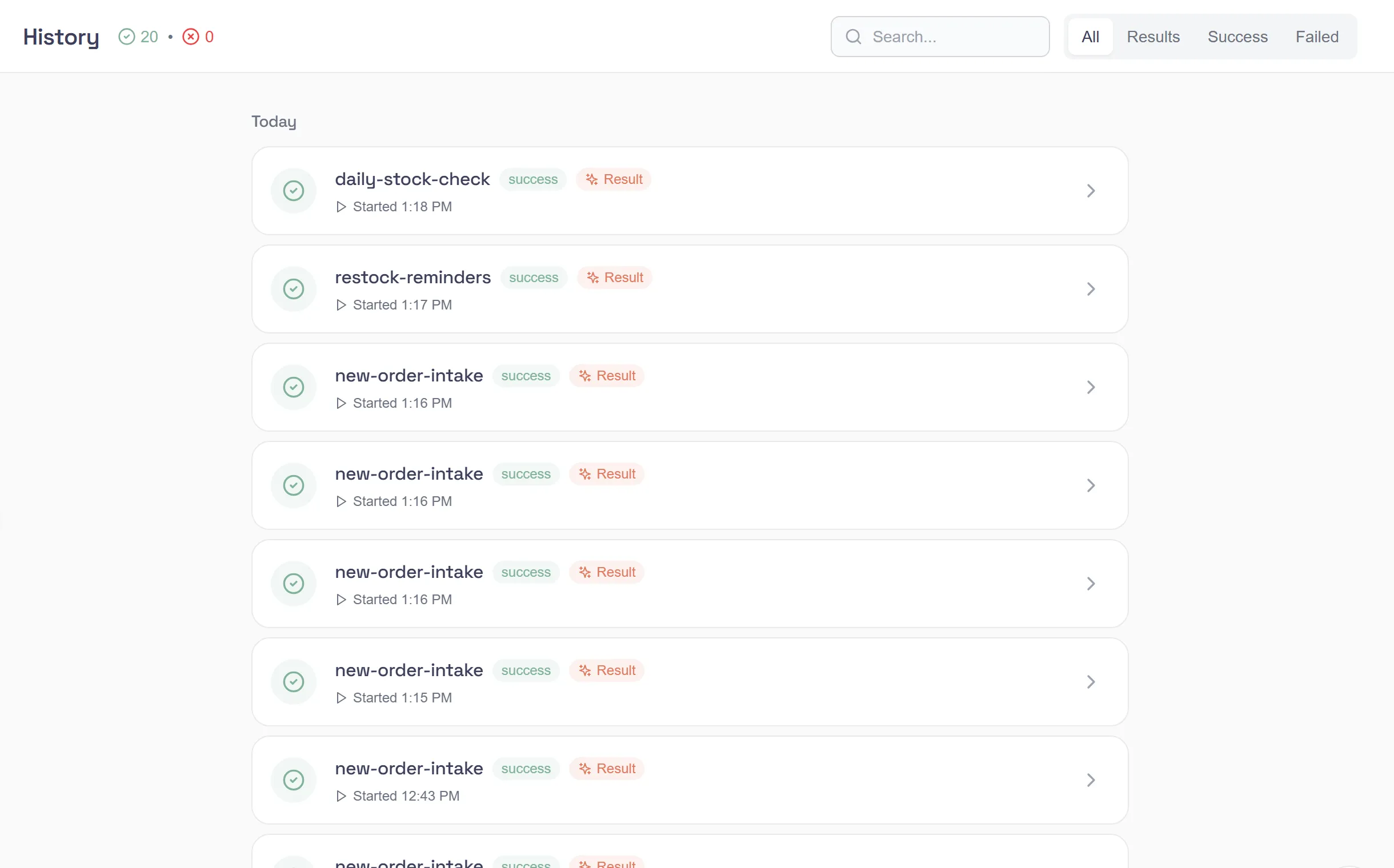my.studio History: the runs of all your automations, newest first under Today, each with its automation, success or failed, and when it started. Filters for All, Results, Success and Failed are at the top right.