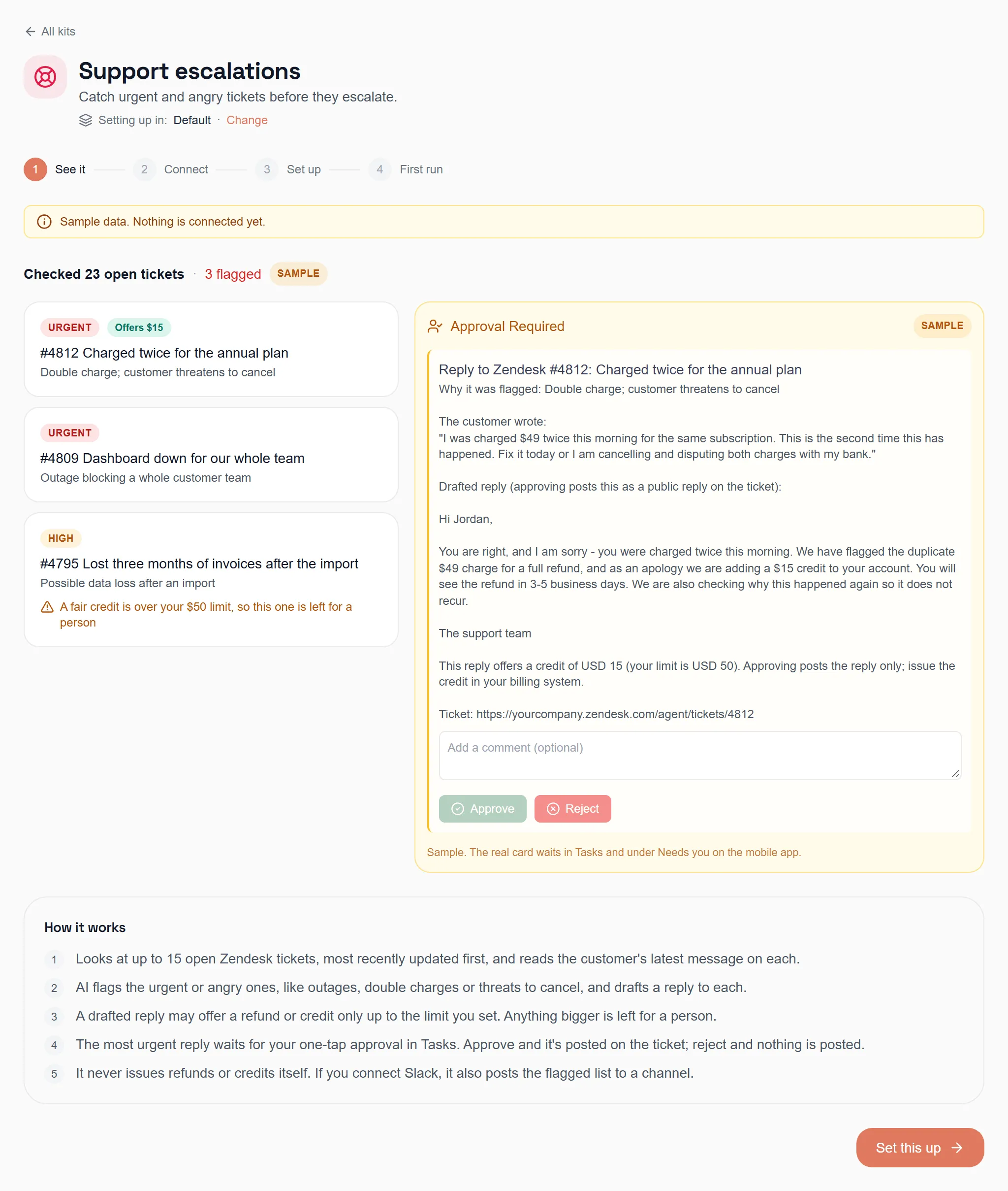 The Support escalations kit on its first step with sample data: flagged sample tickets, the approval it would ask for, How it works, and Set this up.