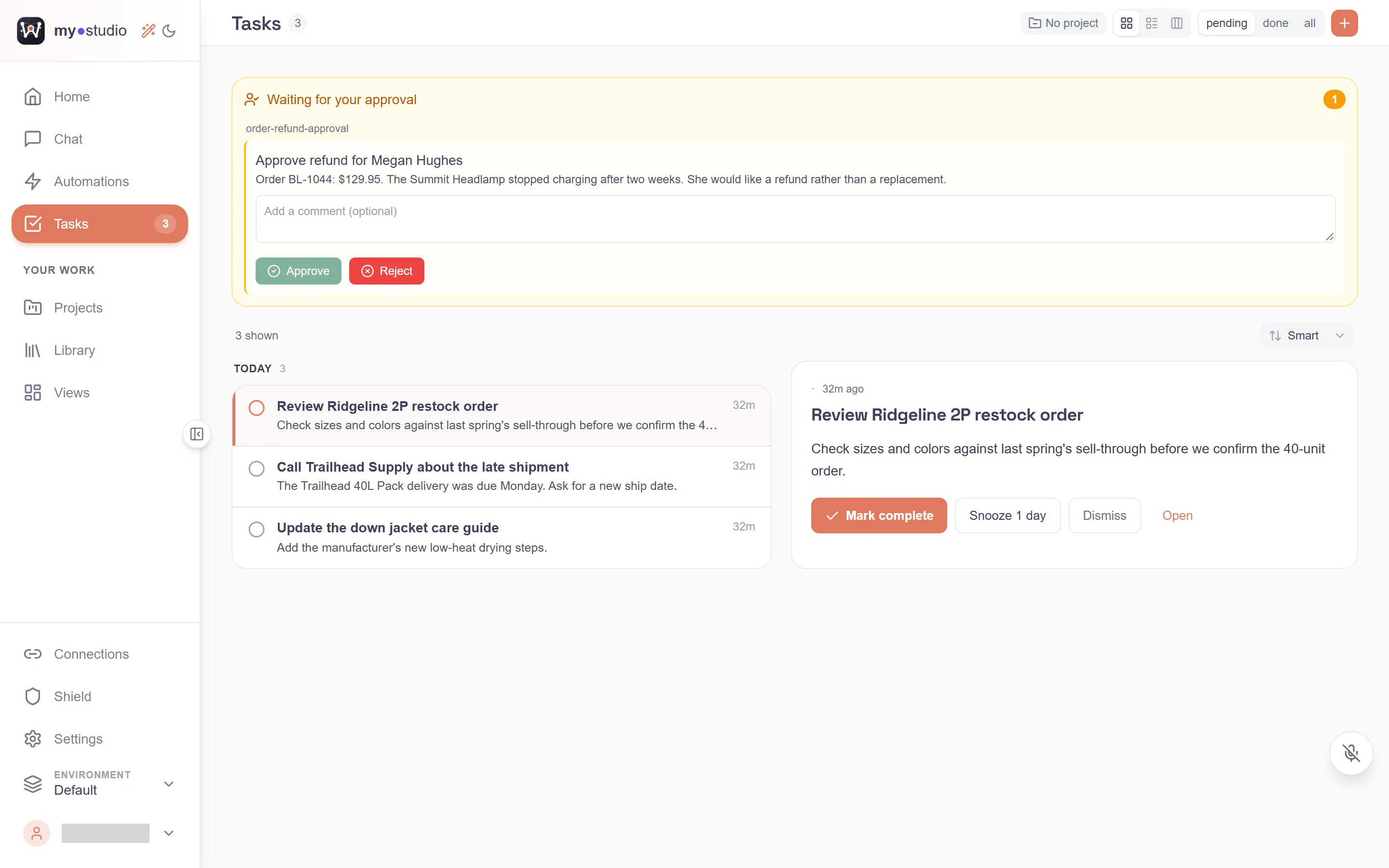The Tasks page: Approve refund for Megan Hughes under Waiting for your approval, with a comment box, Approve and Reject, above Jessica’s three tasks.