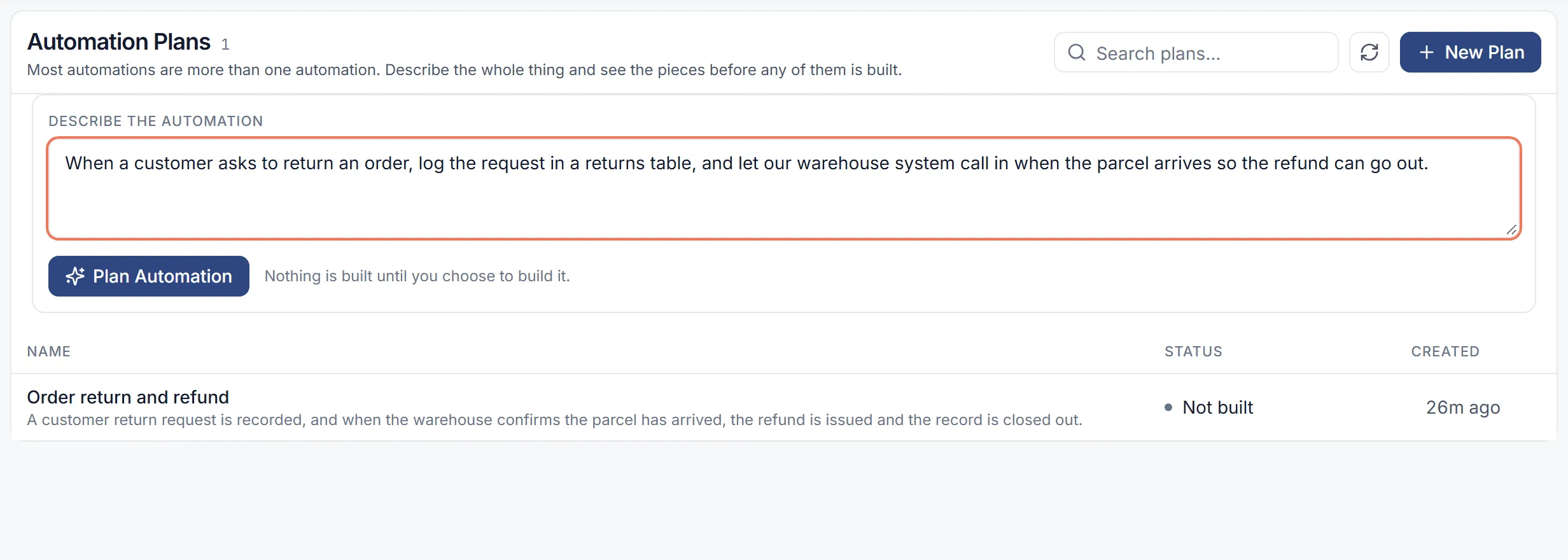 The Automation Plans page with a returns process described in the box, above the earlier plan Order return and refund, not built.
