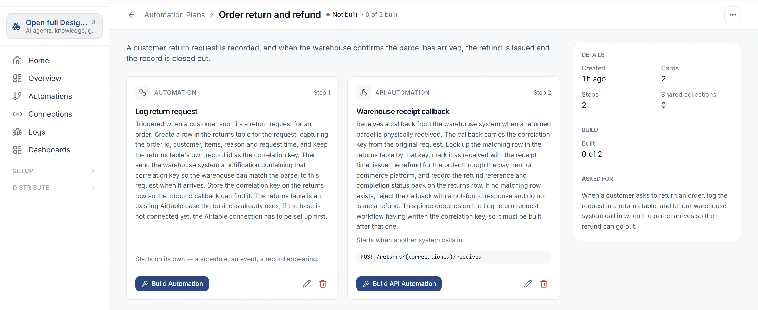 The Order return and refund plan: an Automation card that logs the return request and an API automation card the warehouse system calls, neither built yet, with the plan’s details at the side.