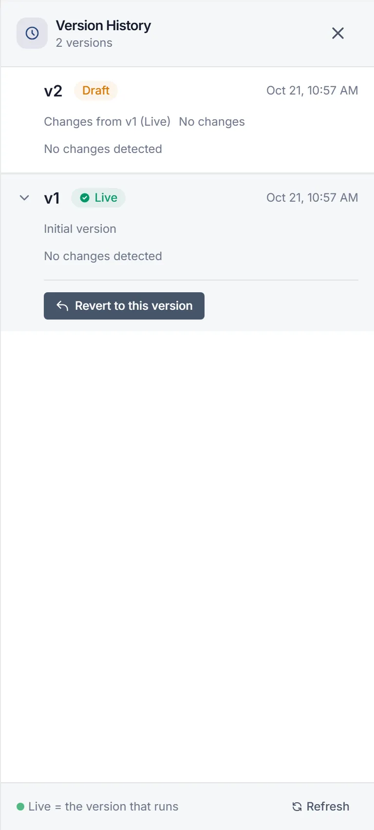 The Version History panel for daily-stock-check: v2 is the Draft and v1 is Live, opened to show Revert to this version.