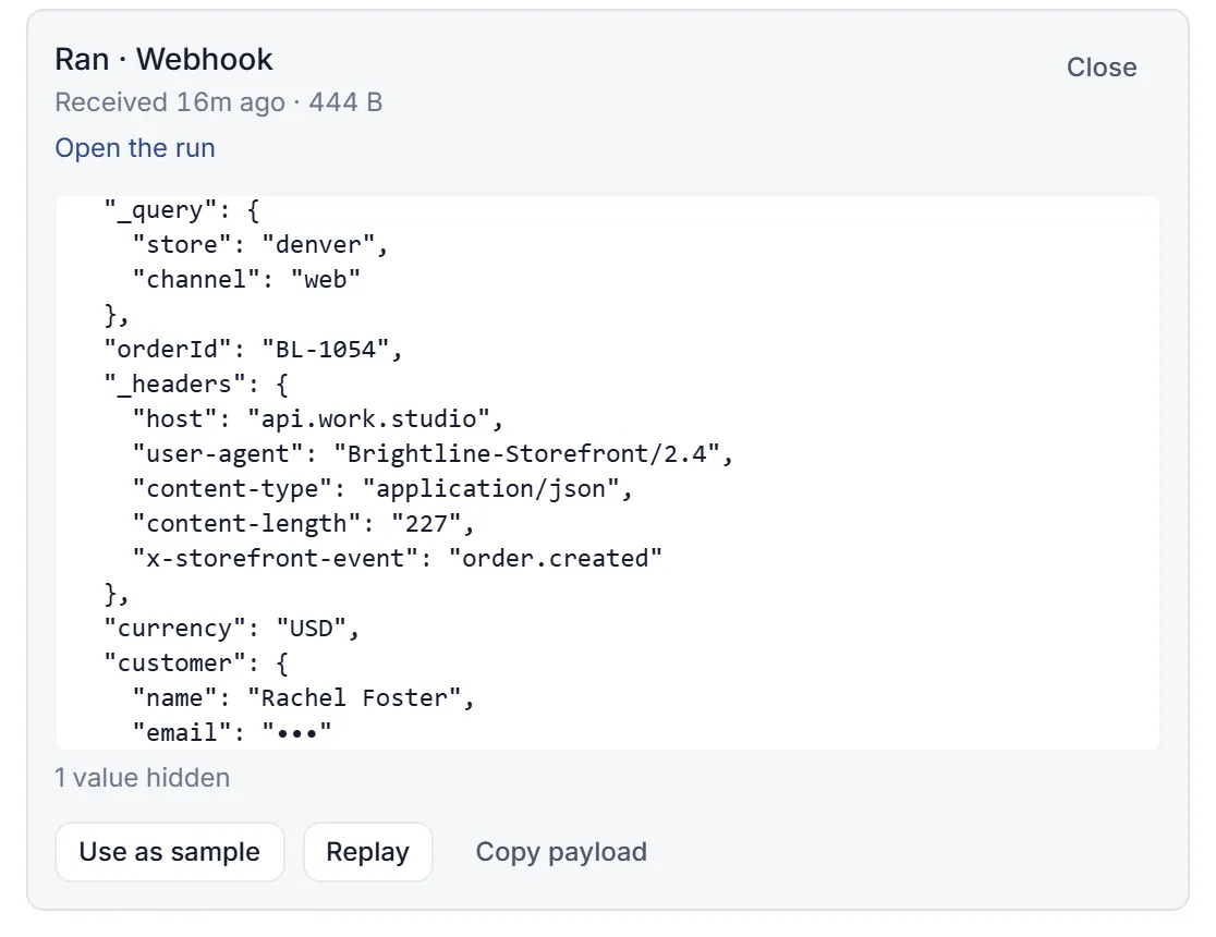 A webhook delivery’s preview for order BL-1054: next to the body fields orderId, currency and customer (its email hidden), the request’s query parameters under _query (store denver, channel web) and its headers under _headers, such as user-agent and x-storefront-event.